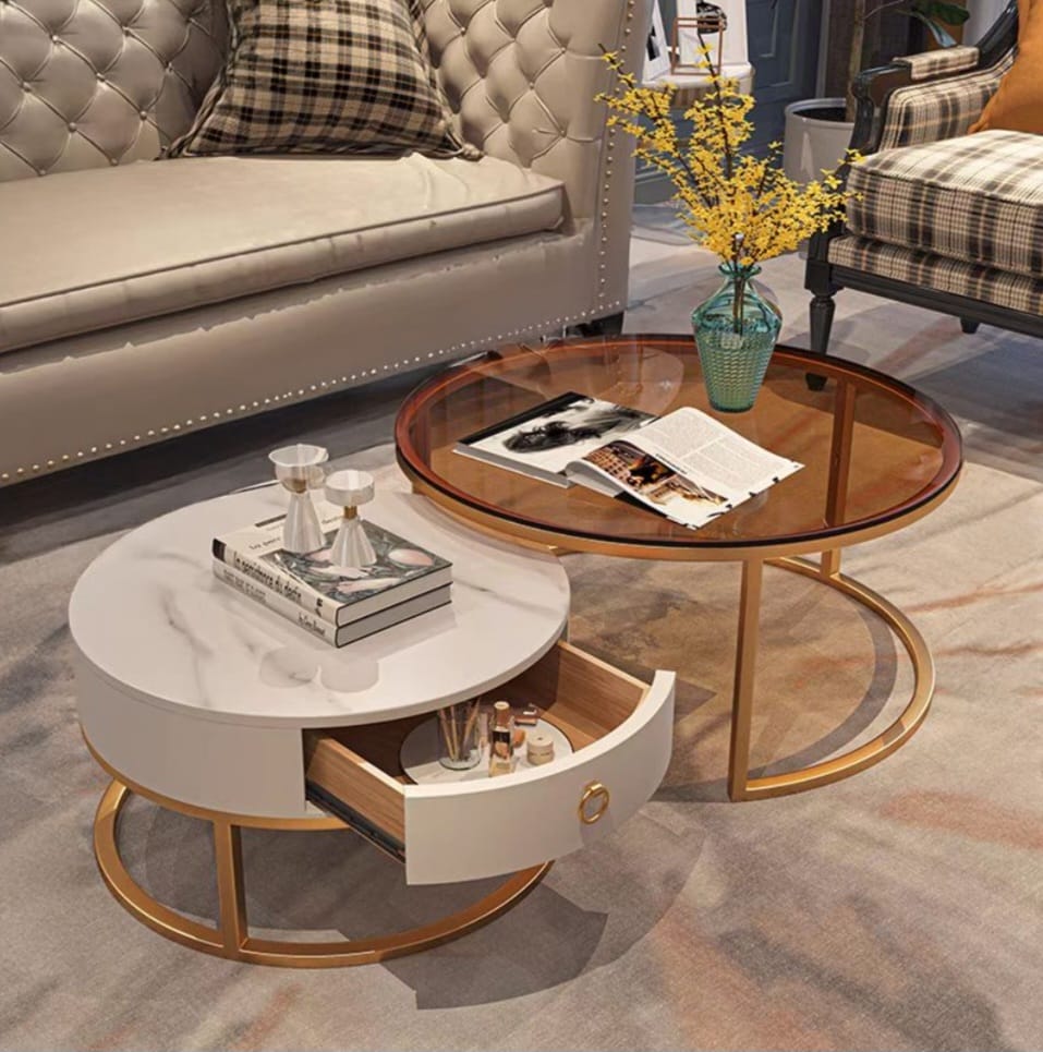 Round nesting coffee table 2 set glass & sintered stone table with drawer