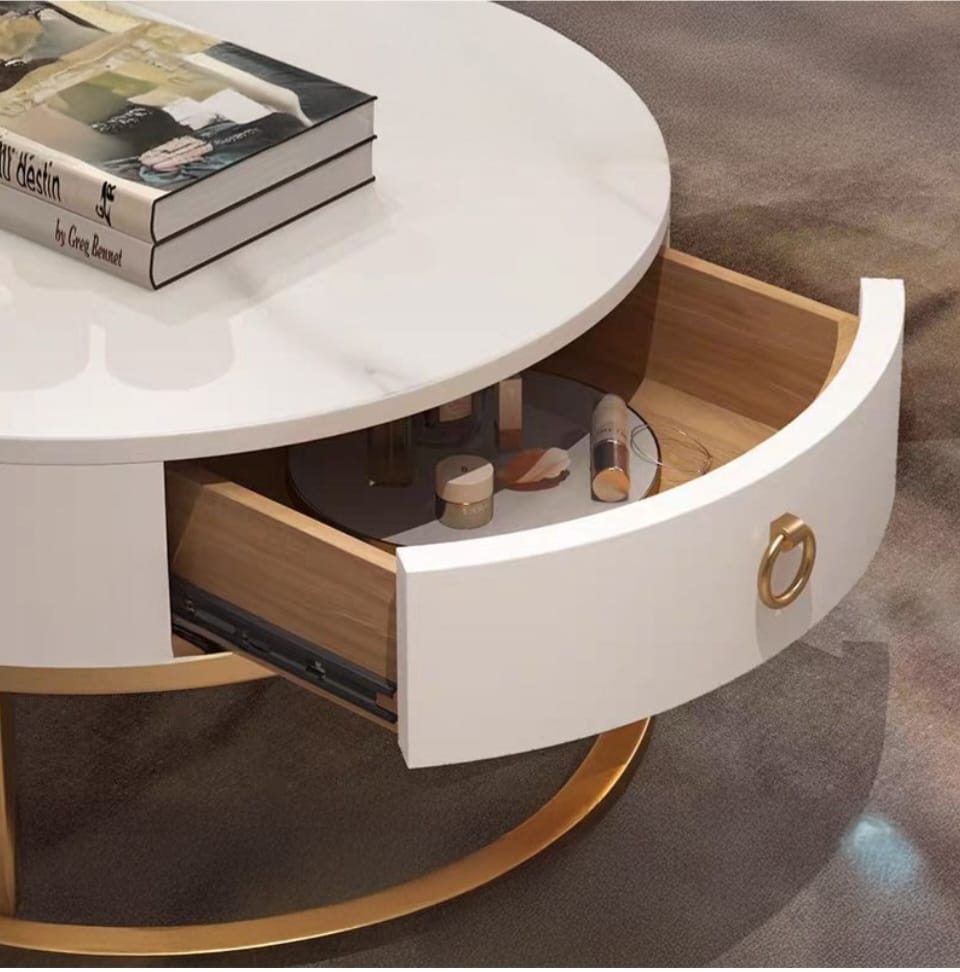 Round nesting coffee table 2 set glass & sintered stone table with drawer